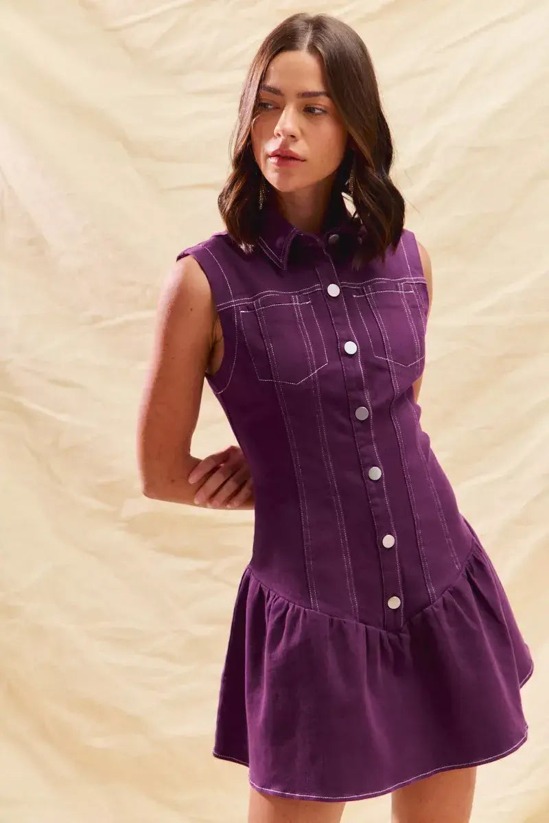 SO ME Button Down Sleeveless Collared Game Day Mini Dress - Trendsi - Flyclothing LLC