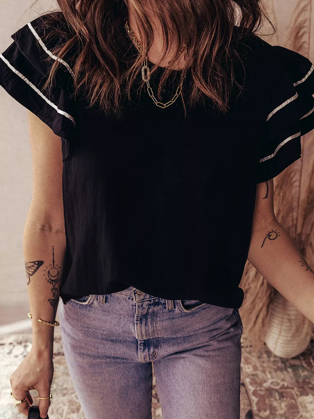 Contrast Trim Dual Ruffle Short Sleeve Textured Blouse - Trendsi - Flyclothing LLC