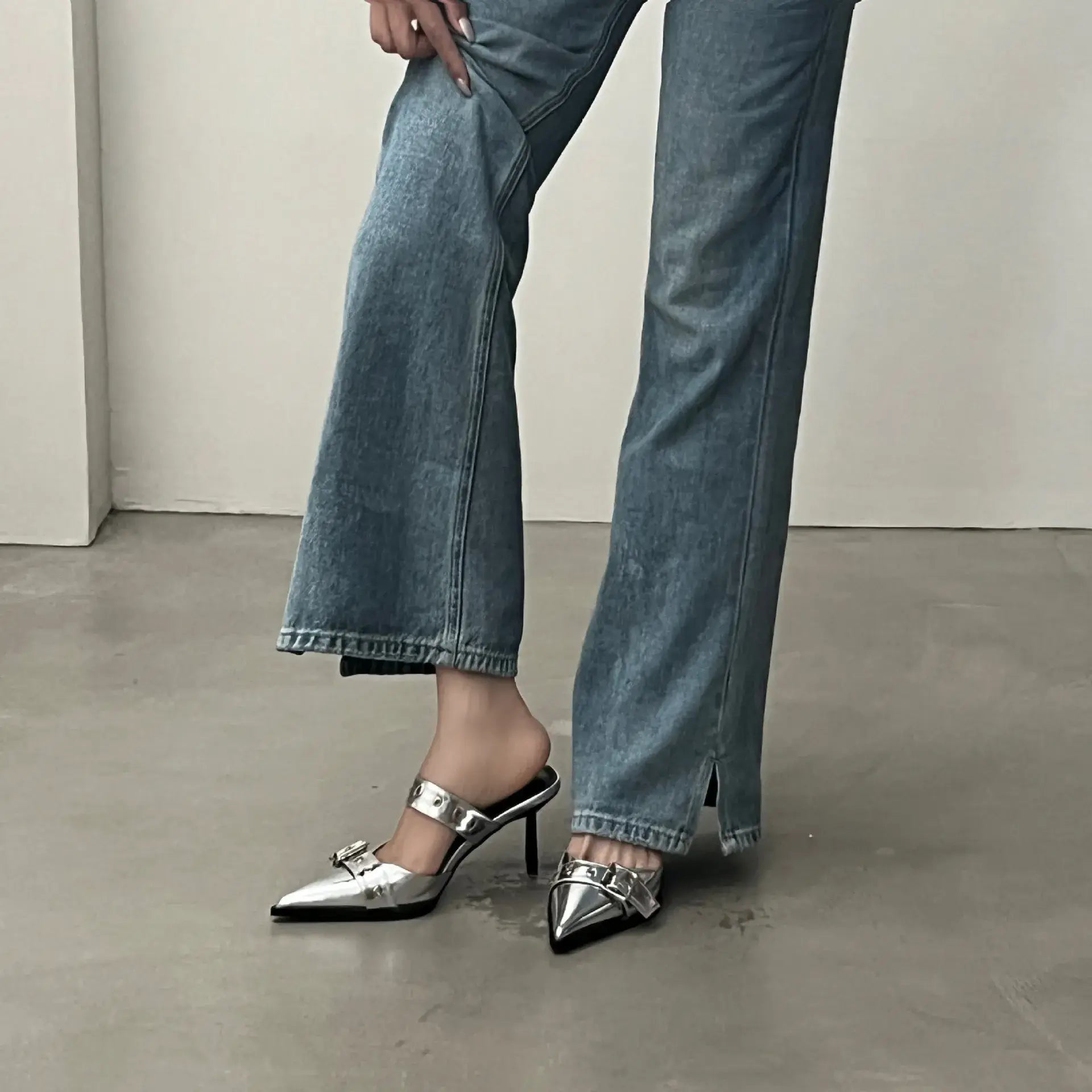 Point Toe Flare Heel Buckle Sandals - Trendsi - Flyclothing LLC