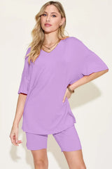 Basic Bae Bamboo Full Size V-Neck Drop Shoulder T-Shirt and Shorts Set - Trendsi - Flyclothing LLC