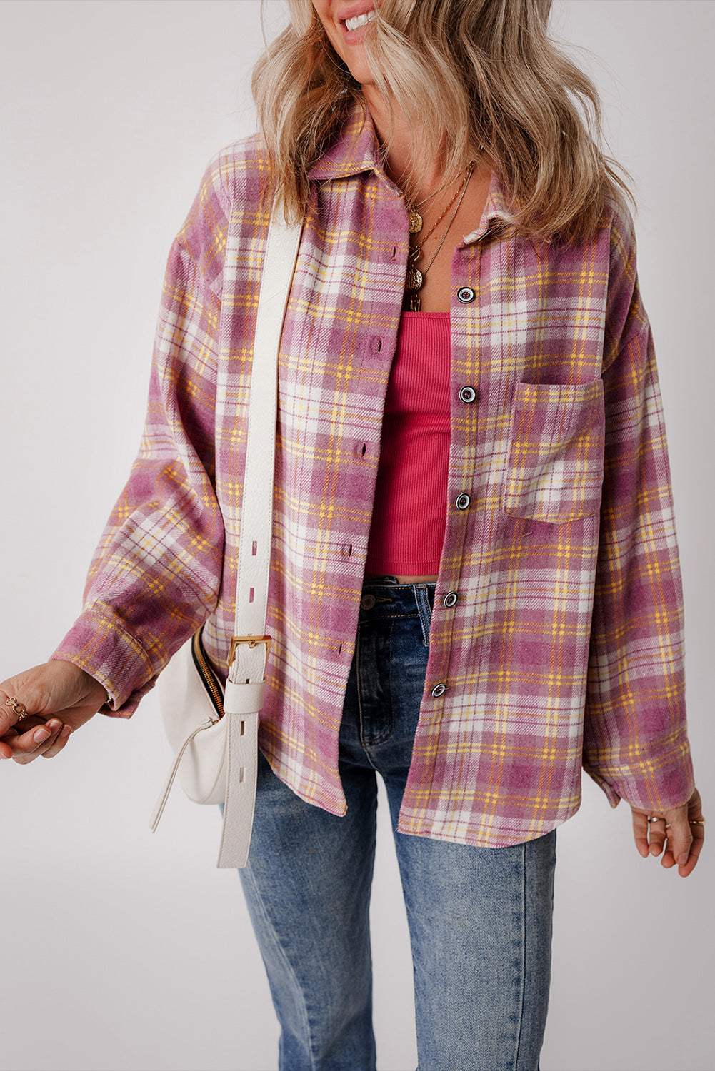 Plaid Collared Neck Button Up Shacket - Trendsi - Flyclothing LLC