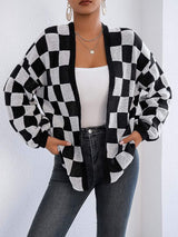 Checkered Open Front Long Sleeve Cardigan - Trendsi - Flyclothing LLC