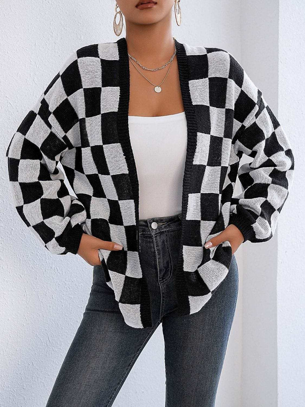 Checkered Open Front Long Sleeve Cardigan - Trendsi - Flyclothing LLC