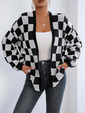 Checkered Open Front Long Sleeve Cardigan - Trendsi