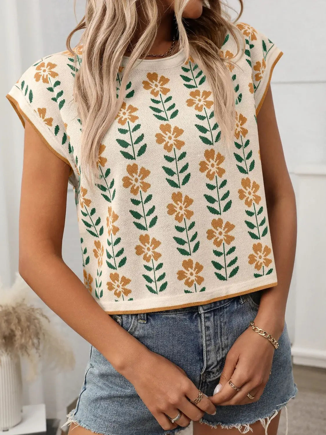 Flower Round Neck Short Sleeve Knit Top - Trendsi - Flyclothing LLC