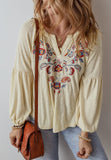 Embroidered Notched Long Sleeve Blouse - Trendsi