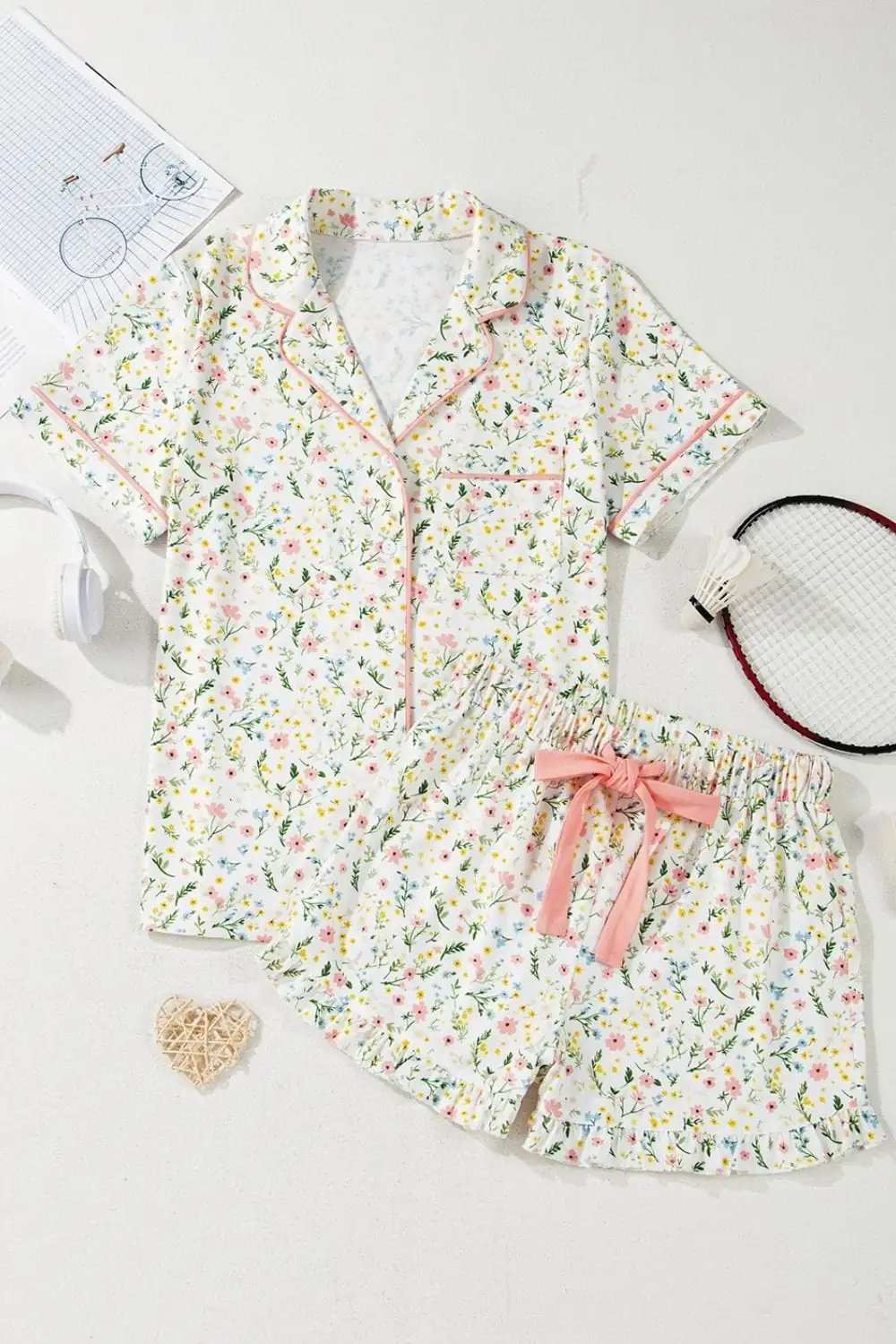 Printed Button Up Short Sleeve Top and Shorts Lounge Set - Trendsi - Flyclothing LLC