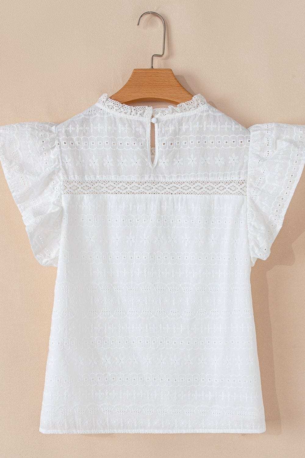 Lace Round Neck Flutter Sleeve Eyelet Blouse - Trendsi - Flyclothing LLC