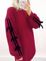 Contrast Striped Bow Detail Drop Shoulder Sweatshirt Dress with Pockets - Trendsi - Flyclothing LLC