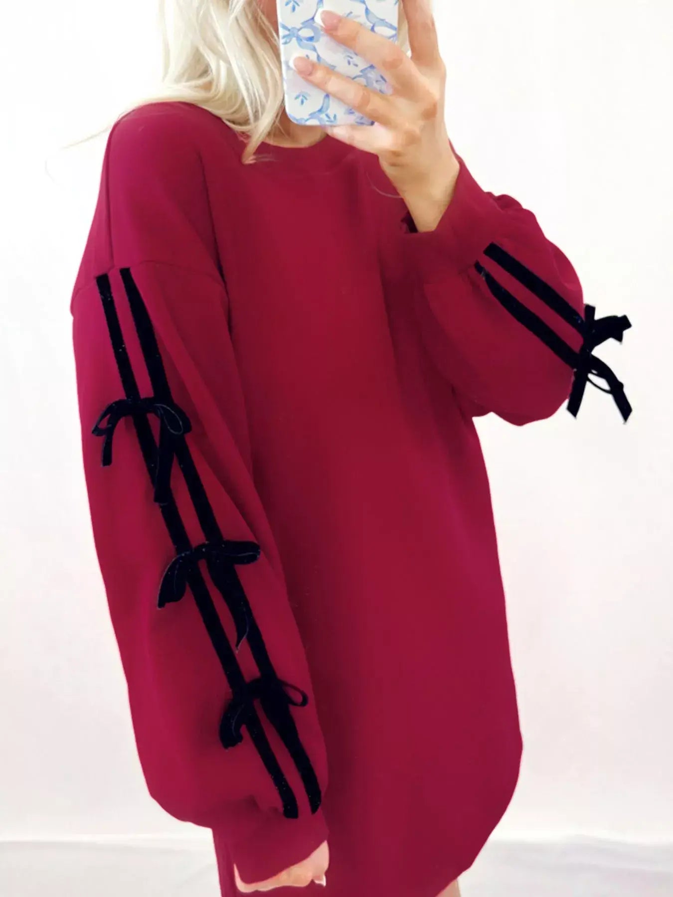 Contrast Striped Bow Detail Drop Shoulder Sweatshirt Dress with Pockets - Trendsi - Flyclothing LLC