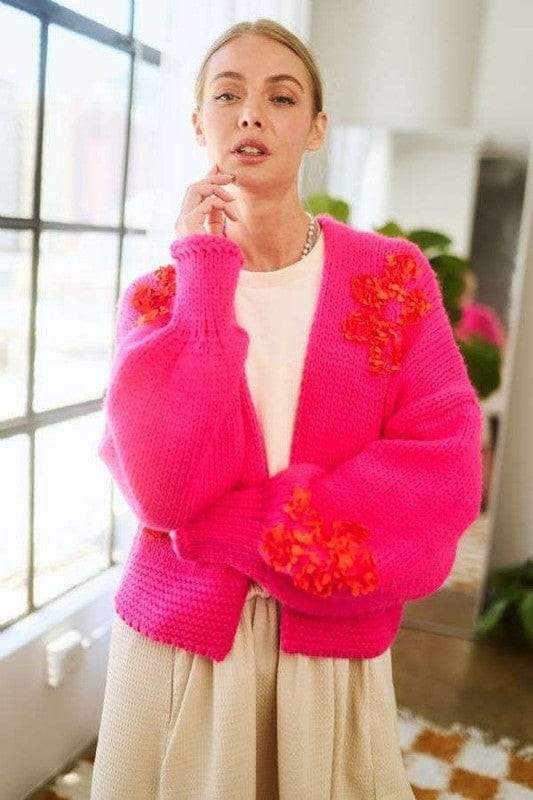 Davi & Dani Floral Applique Open Front Drop Shoulder Cardigan - Trendsi - Flyclothing LLC