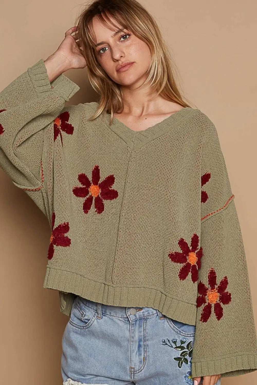 POL V-Neck Floral Pattern Chenille Sweater - Trendsi - Flyclothing LLC