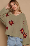 POL V-Neck Floral Pattern Chenille Sweater - Trendsi