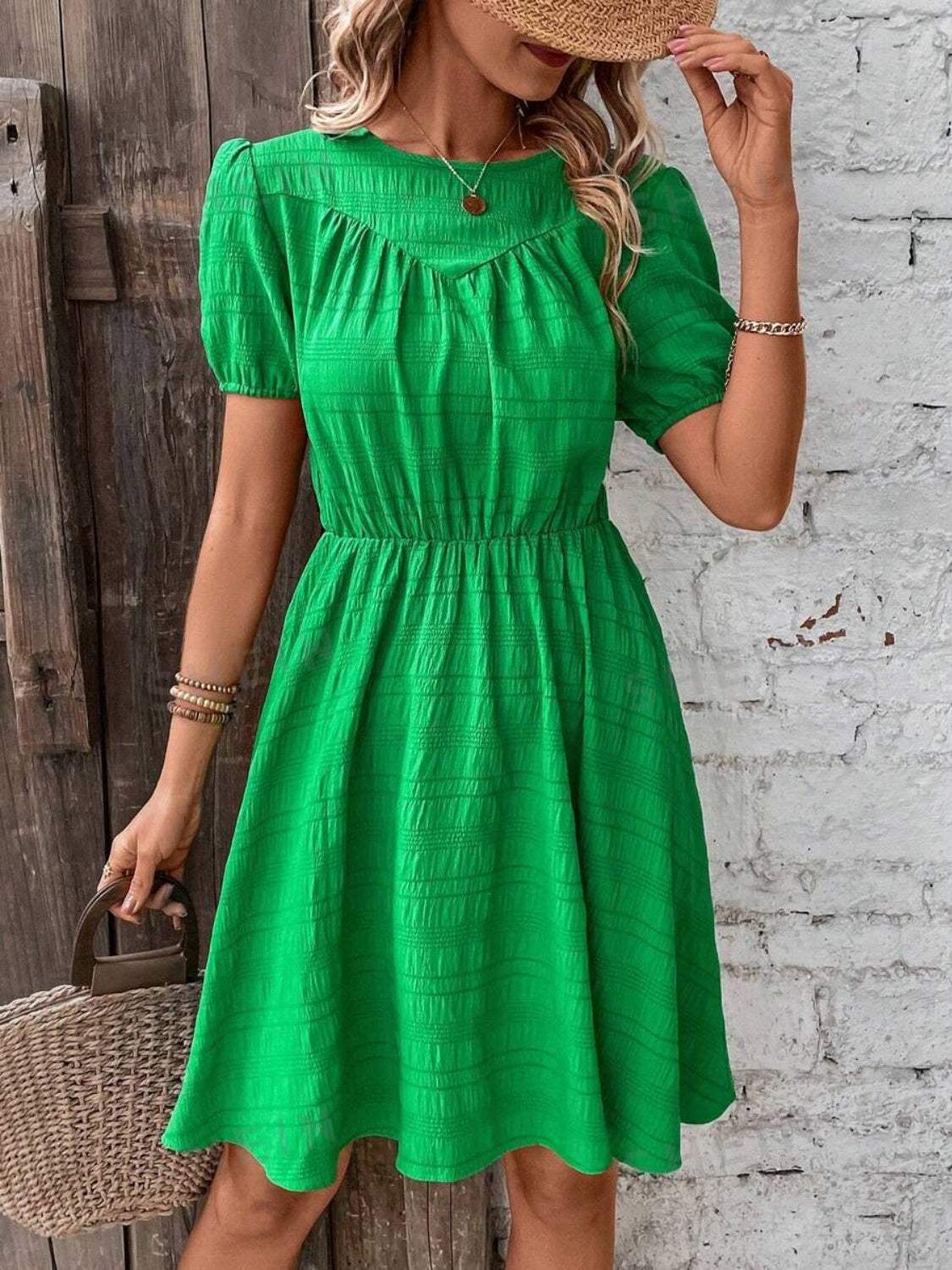 Ruched Round Neck Short Sleeve Mini Dress - Trendsi - Flyclothing LLC