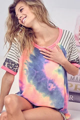BiBi Tie Dye French Terry Top With Stripe Raglan - Trendsi - Flyclothing LLC