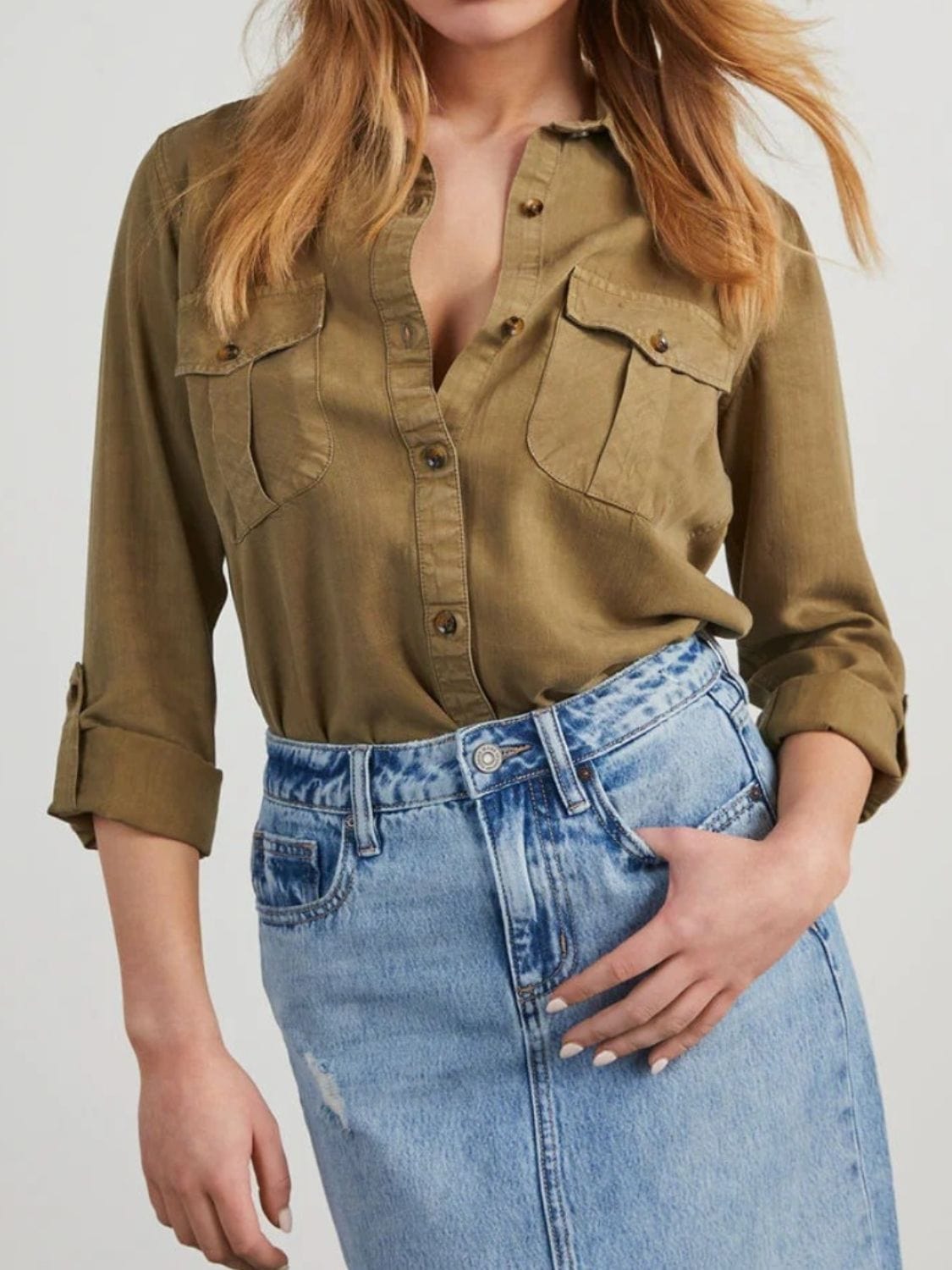 Collared Neck Roll-Tab Sleeve Denim Top - Trendsi