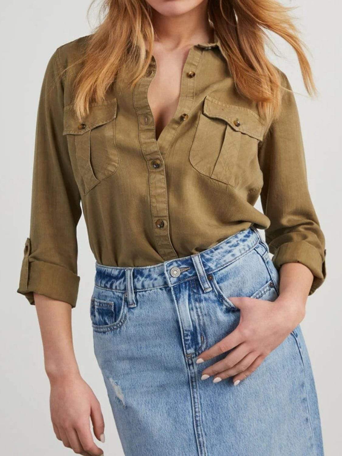 Collared Neck Roll-Tab Sleeve Denim Top - Trendsi - Flyclothing LLC