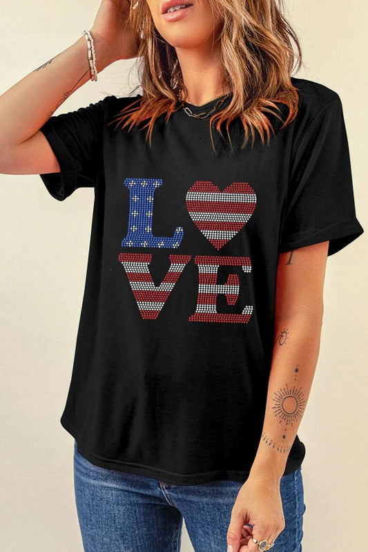 Rhinestone Round Neck Short Sleeve T-Shirt - Trendsi - Flyclothing LLC