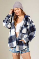 Drawstring Plaid Dropped Shoulder Hooded Shacket - Trendsi