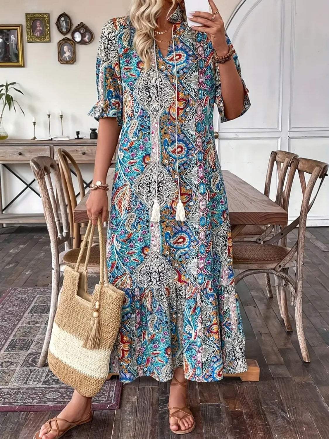 Printed Tie Neck Flounce Sleeve Midi Dress - Trendsi - Flyclothing LLC