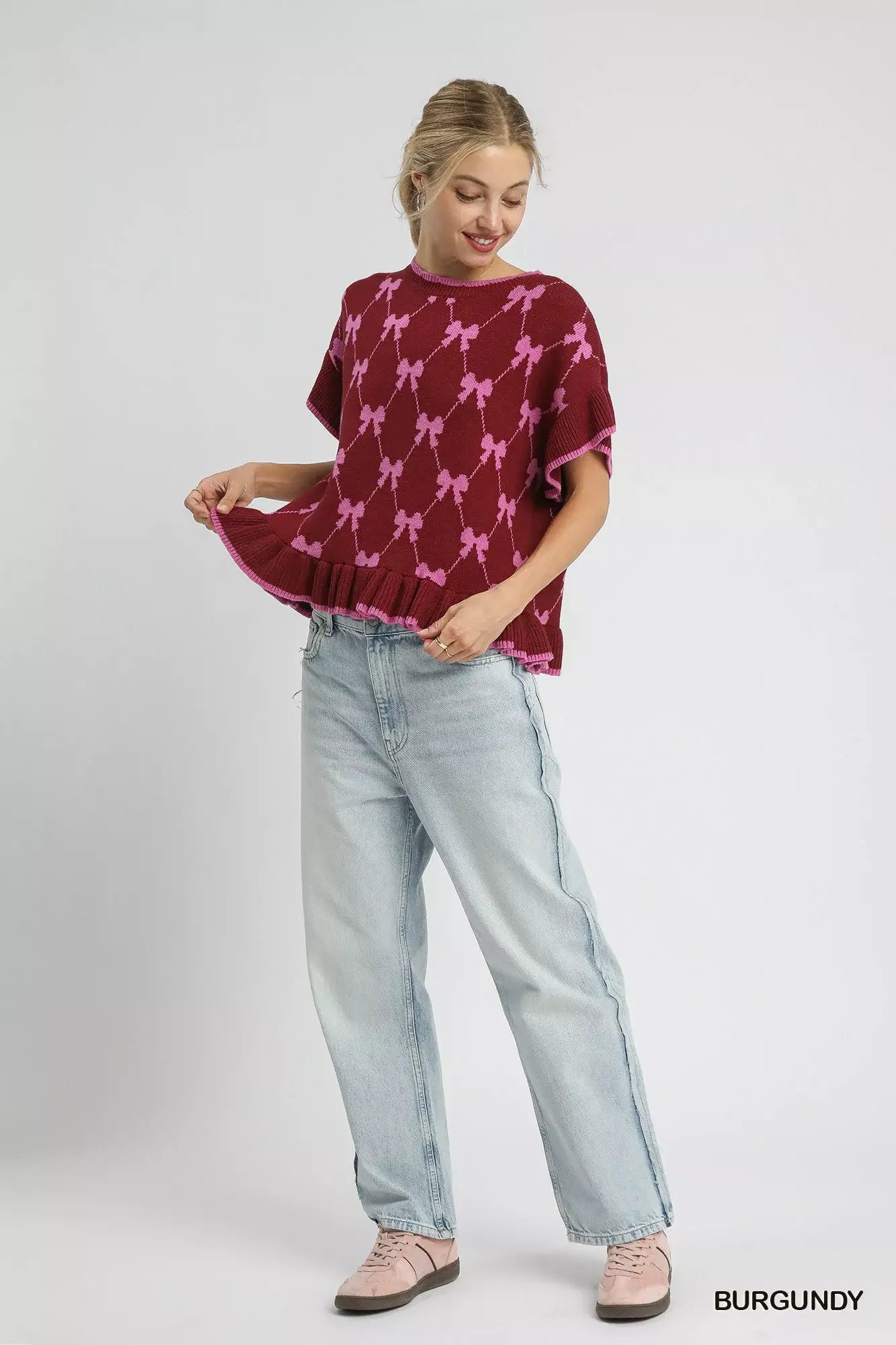 Umgee Bow Knit Ruffle Sleeve Sweater - Trendsi - Flyclothing LLC