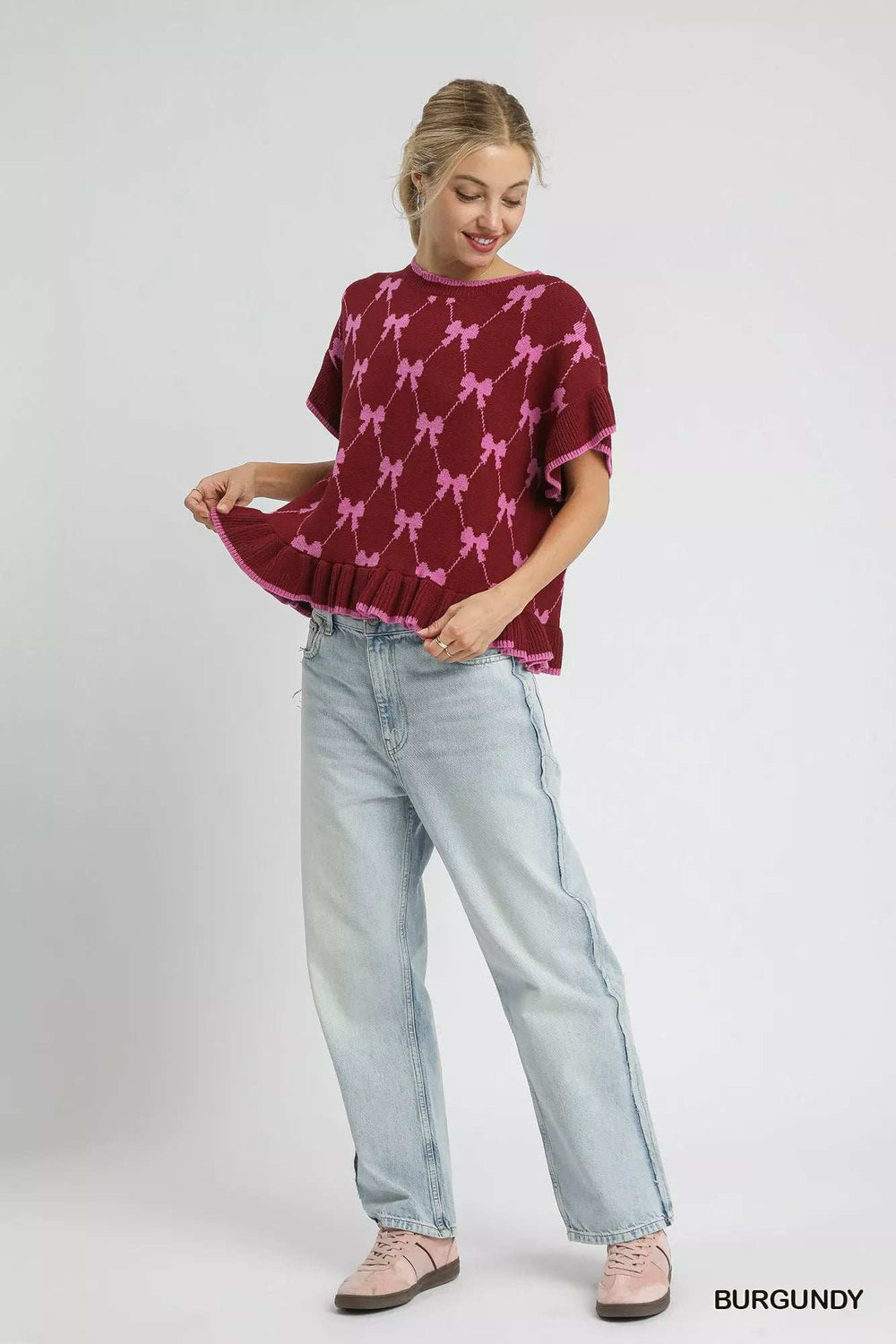 Umgee Bow Knit Ruffle Sleeve Sweater - Trendsi - Flyclothing LLC