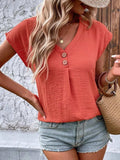 Decorative Button V-Neck Short Sleeve Blouse - Trendsi - Flyclothing LLC
