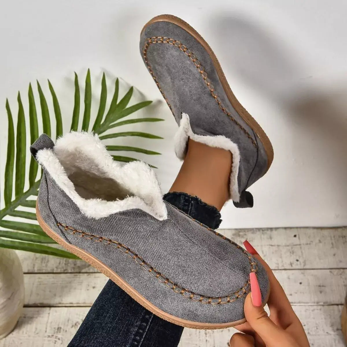 Round Toe Sherpa-Lined Slip-Ons - Trendsi - Flyclothing LLC