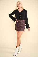 VERY J V-Neck Lace Detail Button Down Crop Ribbed Knit Top - Trendsi - Flyclothing LLC
