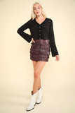 VERY J V-Neck Lace Detail Button Down Crop Ribbed Knit Top - Trendsi