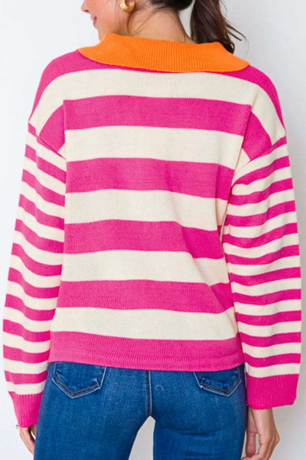Contrast Stripes Johnny Collar Long Sleeve Sweater - Trendsi - Flyclothing LLC