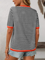 Mandy Striped Round Neck Half Sleeve Knit Top - Trendsi - Flyclothing LLC