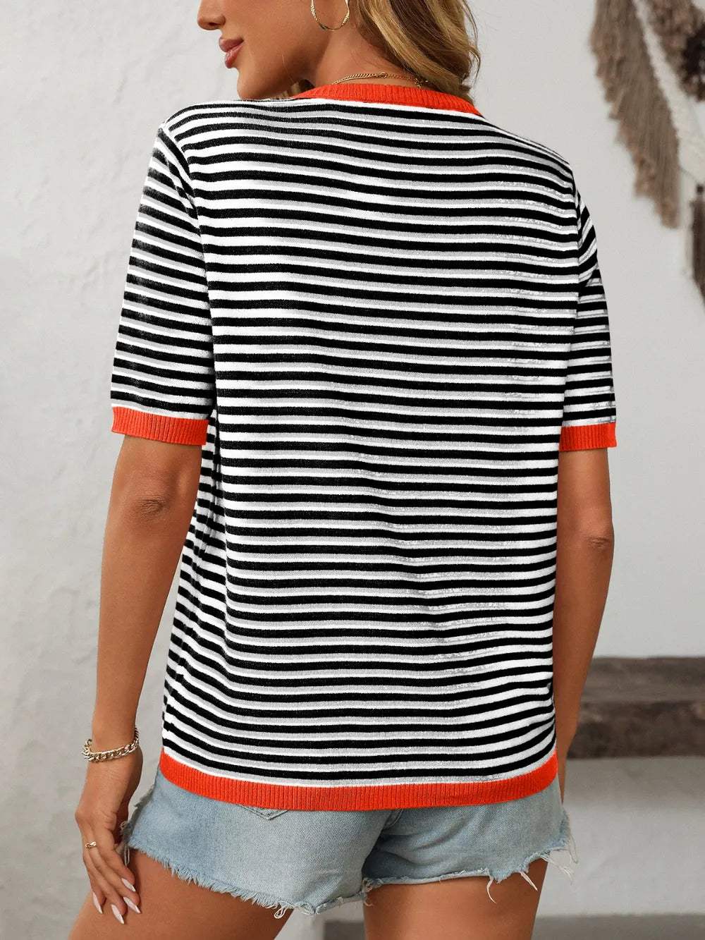 Mandy Striped Round Neck Half Sleeve Knit Top - Trendsi - Flyclothing LLC