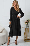 V-Neck Long Sleeve Tie Waist Midi Dress - Trendsi - Flyclothing LLC