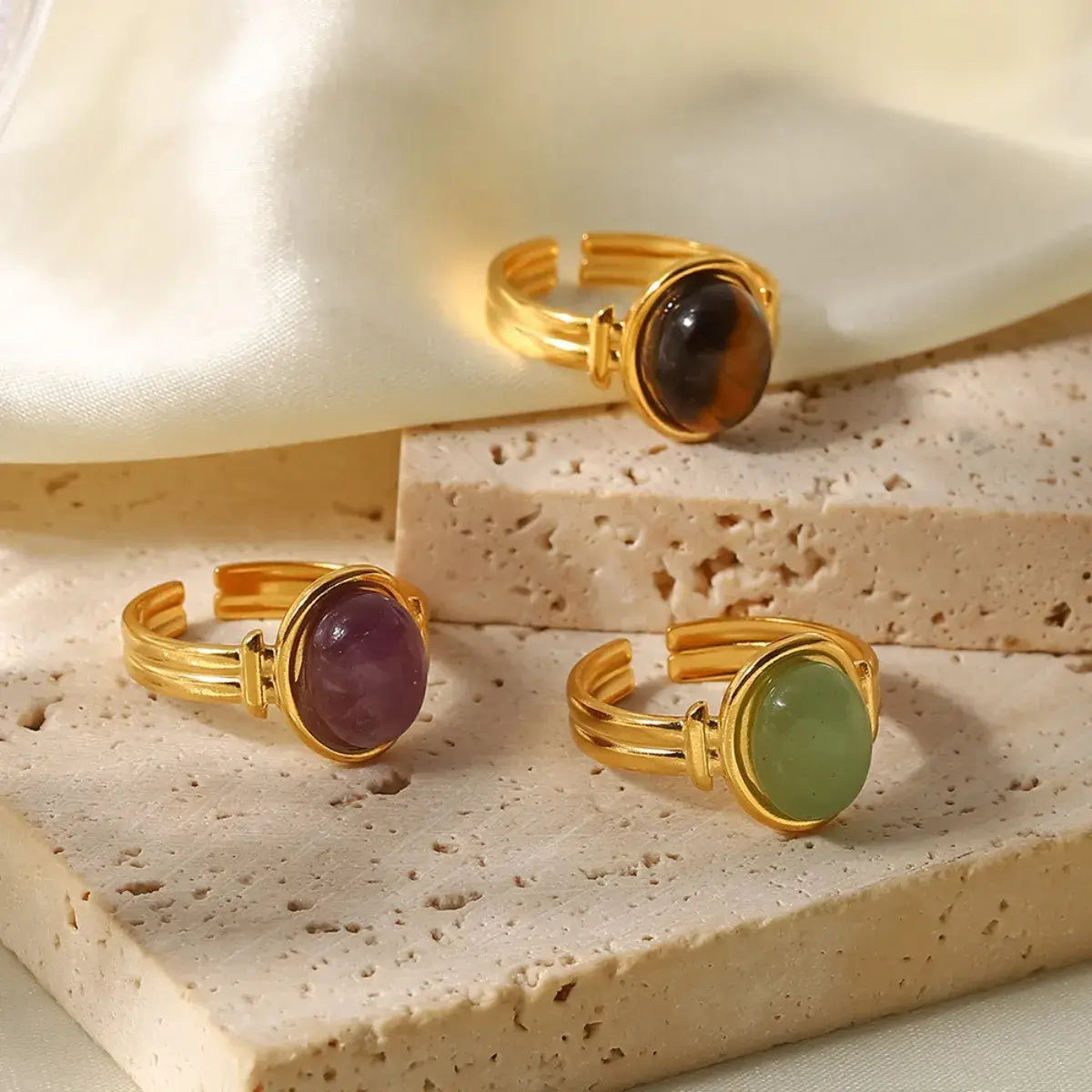 Vintage Natural Stone Gold Plated Adjustable Ring - Trendsi - Flyclothing LLC