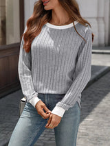 Ribbed Round Neck Raglan Sleeve Knit Top - Trendsi - Flyclothing LLC