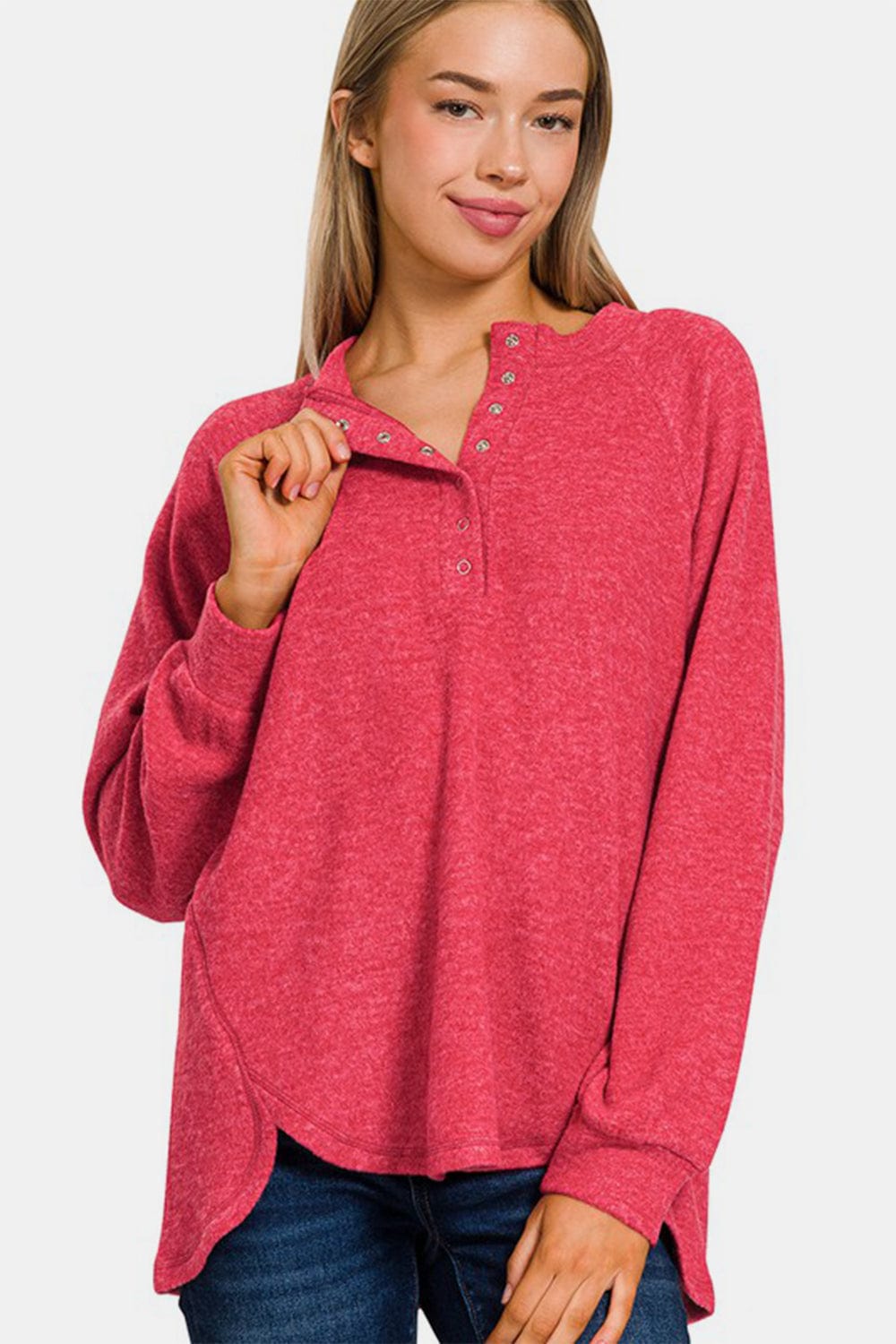 Zenana Full Size Brushed Melange Hacci High-Low Sweater - Trendsi