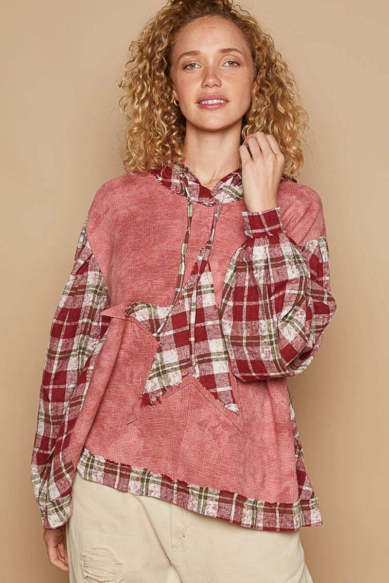 POL Star Patch Plaid Long Sleeve Hooded Top - Trendsi - Flyclothing LLC