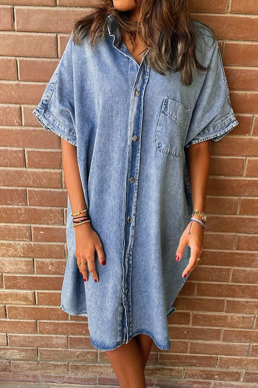 Pocketed Button Up Half Sleeve Denim Dress - Trendsi - Flyclothing LLC