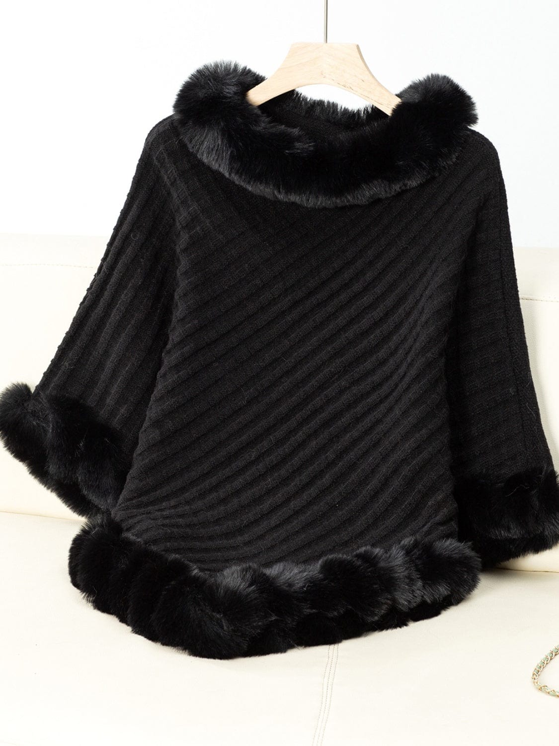 Fuzzy Trim Texture Three-Quarter Sleeve Poncho - Trendsi