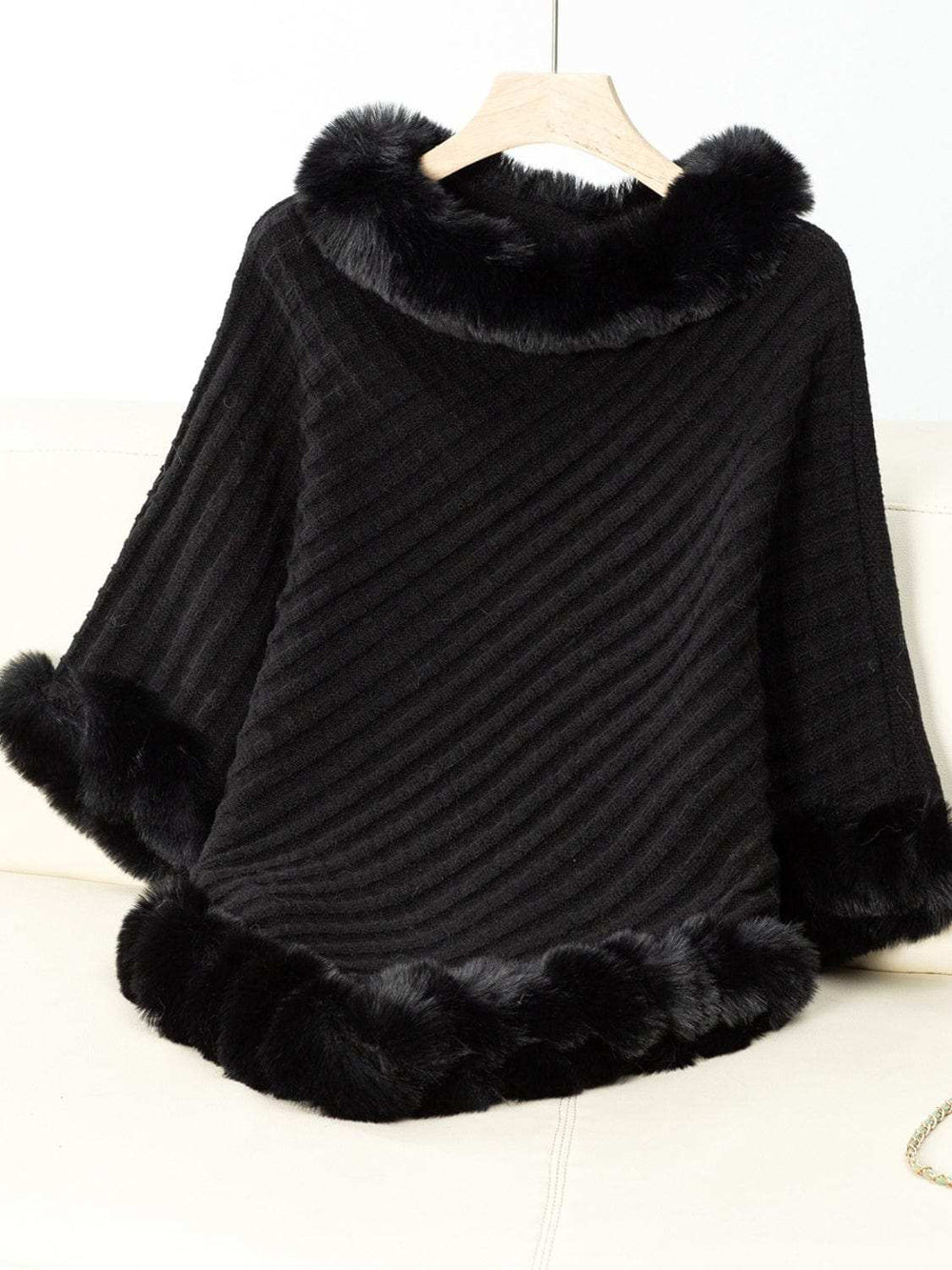 Fuzzy Trim Texture Three-Quarter Sleeve Poncho - Trendsi - Flyclothing LLC