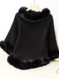 Fuzzy Trim Texture Three-Quarter Sleeve Poncho - Trendsi
