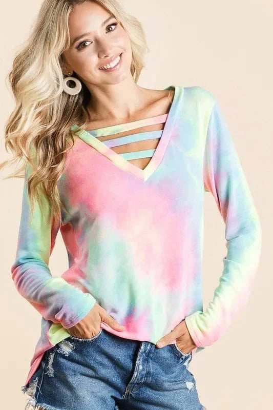 BiBi Tie Dye French Terry V-Neck Top with Strapped - Trendsi - Flyclothing LLC