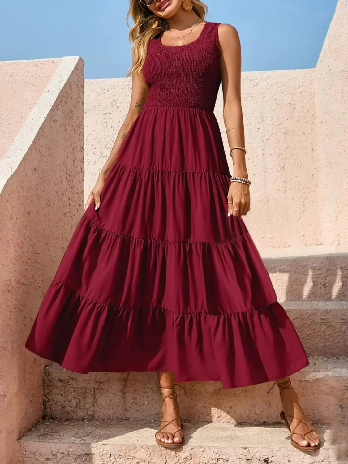Tiered Smocked Wide Strap Dress - Trendsi - Flyclothing LLC