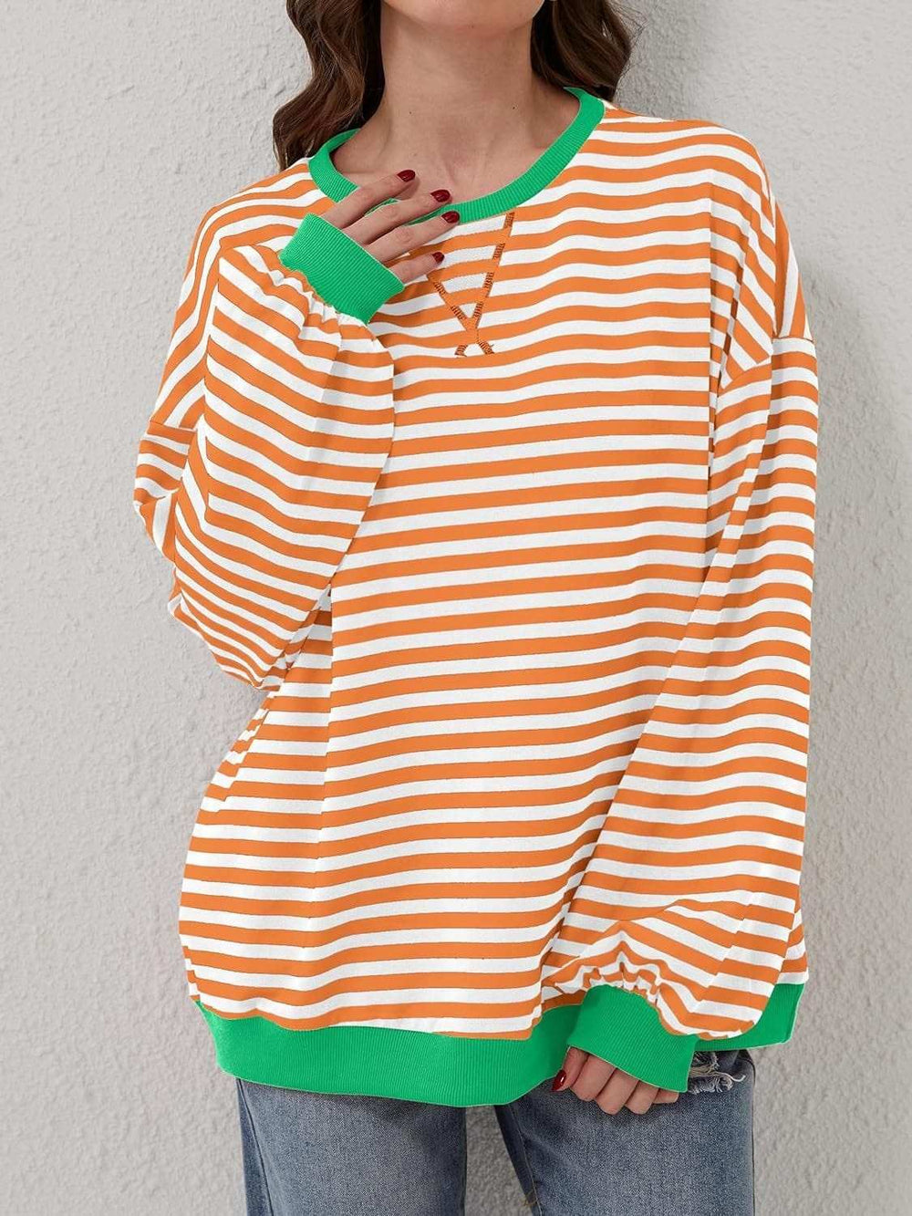 Contrast Striped Long Sleeve Sweatshirt - Trendsi - Flyclothing LLC