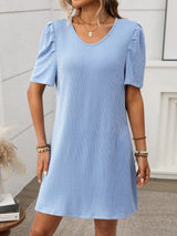 Textured Round Neck Short Sleeve Mini Dress - Trendsi - Flyclothing LLC