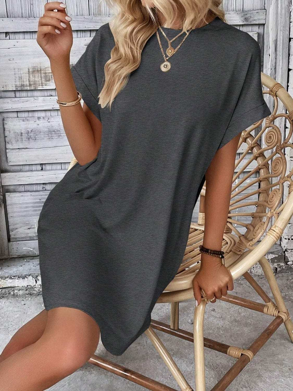 Round Neck Short Sleeve Mini Dress - Trendsi - Flyclothing LLC
