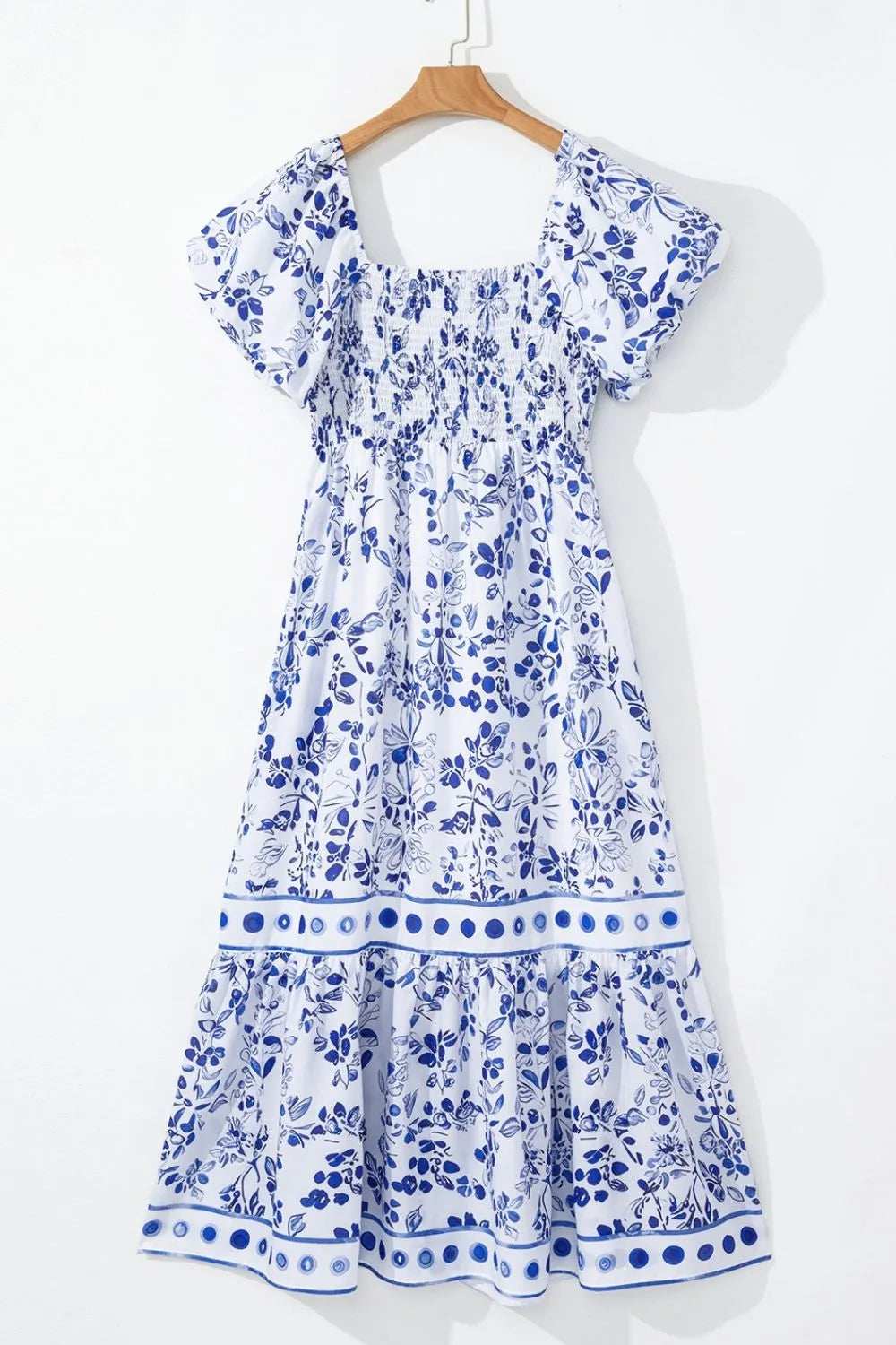 Smocked Printed Square Neck Puff Sleeve Dress - Trendsi - Flyclothing LLC