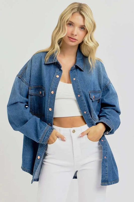 RISEN Full Size Snap Down Long Sleeve Denim Shacket - Trendsi - Flyclothing LLC