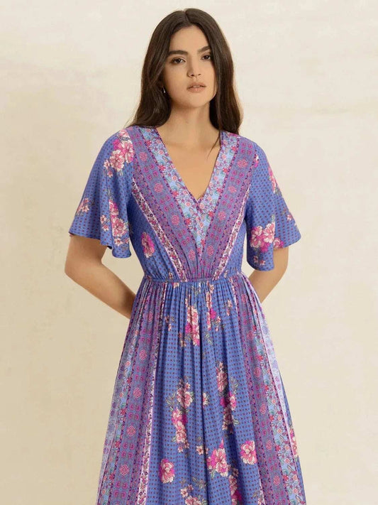 Printed Short Sleeve Midi Dress - Trendsi - Flyclothing LLC